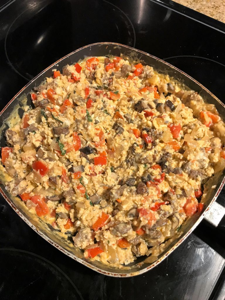 The veggies, meat, and eggs mixed together, ready to stuff into the tortillas! Taken by Allspice Photography, LLC.