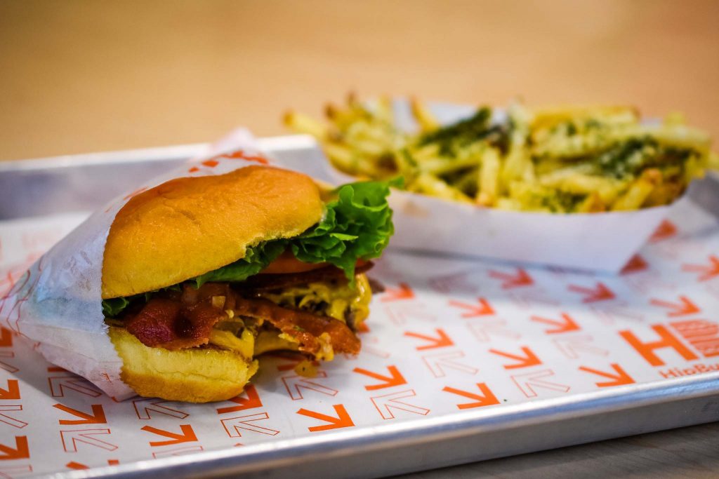HipBurger - Soft grand opening. Bacon Burger (lettuce, tomato, cheese, bacon, grilled onions, and "HipSauce"), plus parmesan garlic fries, taken by Allspice Photography, LLC.