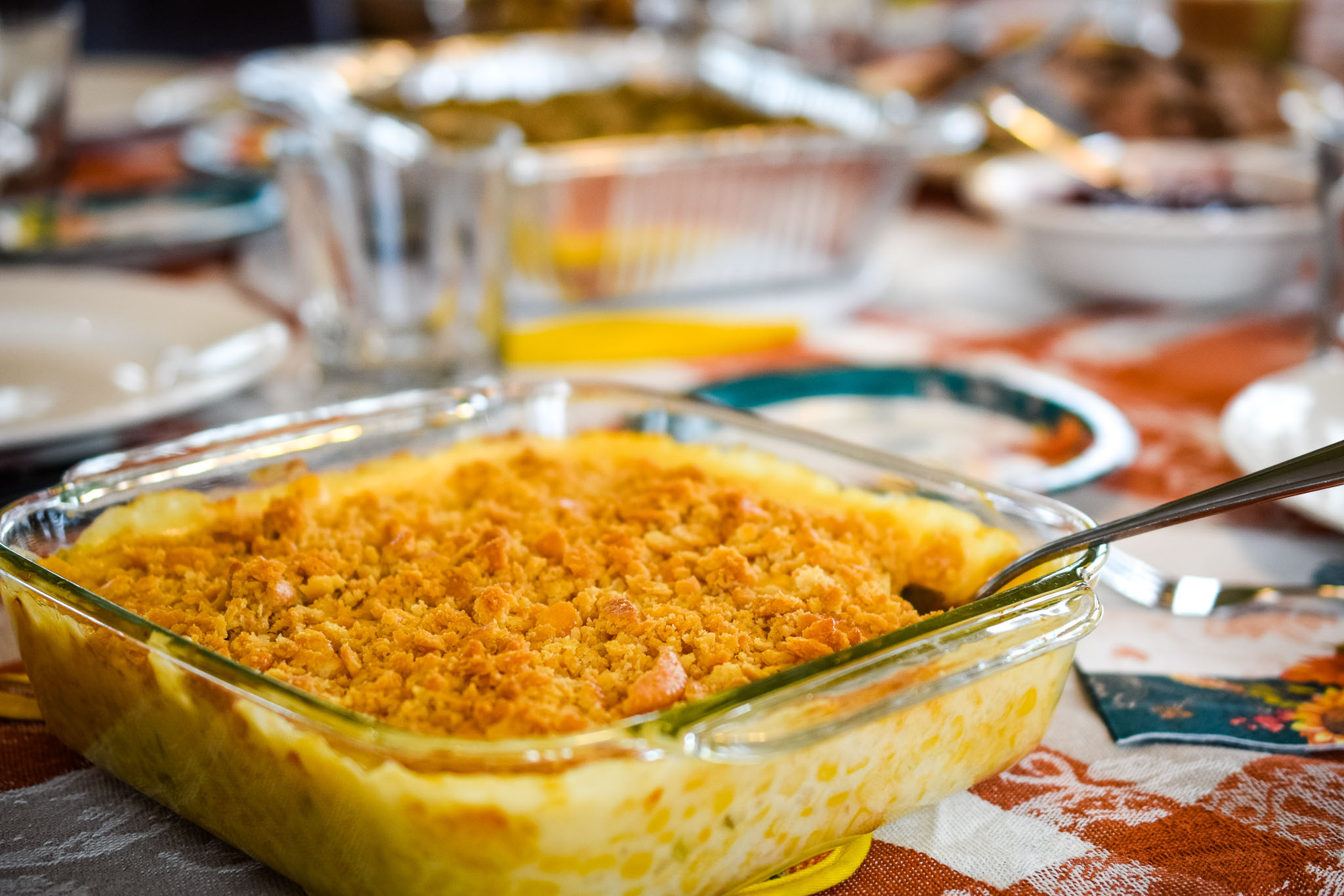 Finished corn casserole, golden brown and delicious!