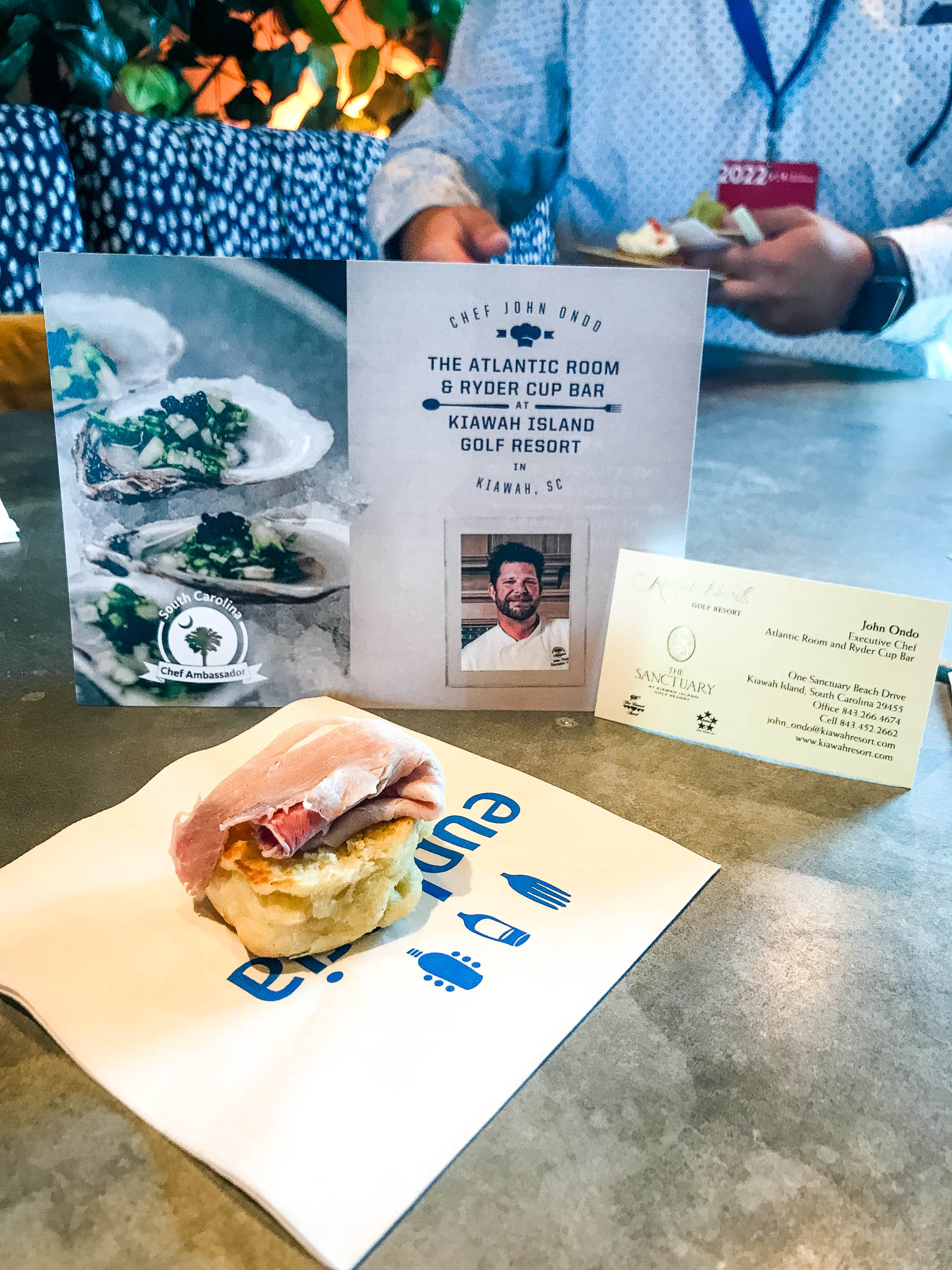 Griddled biscuit with Stoney Farms smoked ham from Chef John Ondo of The Atlantic Room & Ryder Cup Bar, Kiawah Island Resort in Juniper, downtown Greenville, SC.