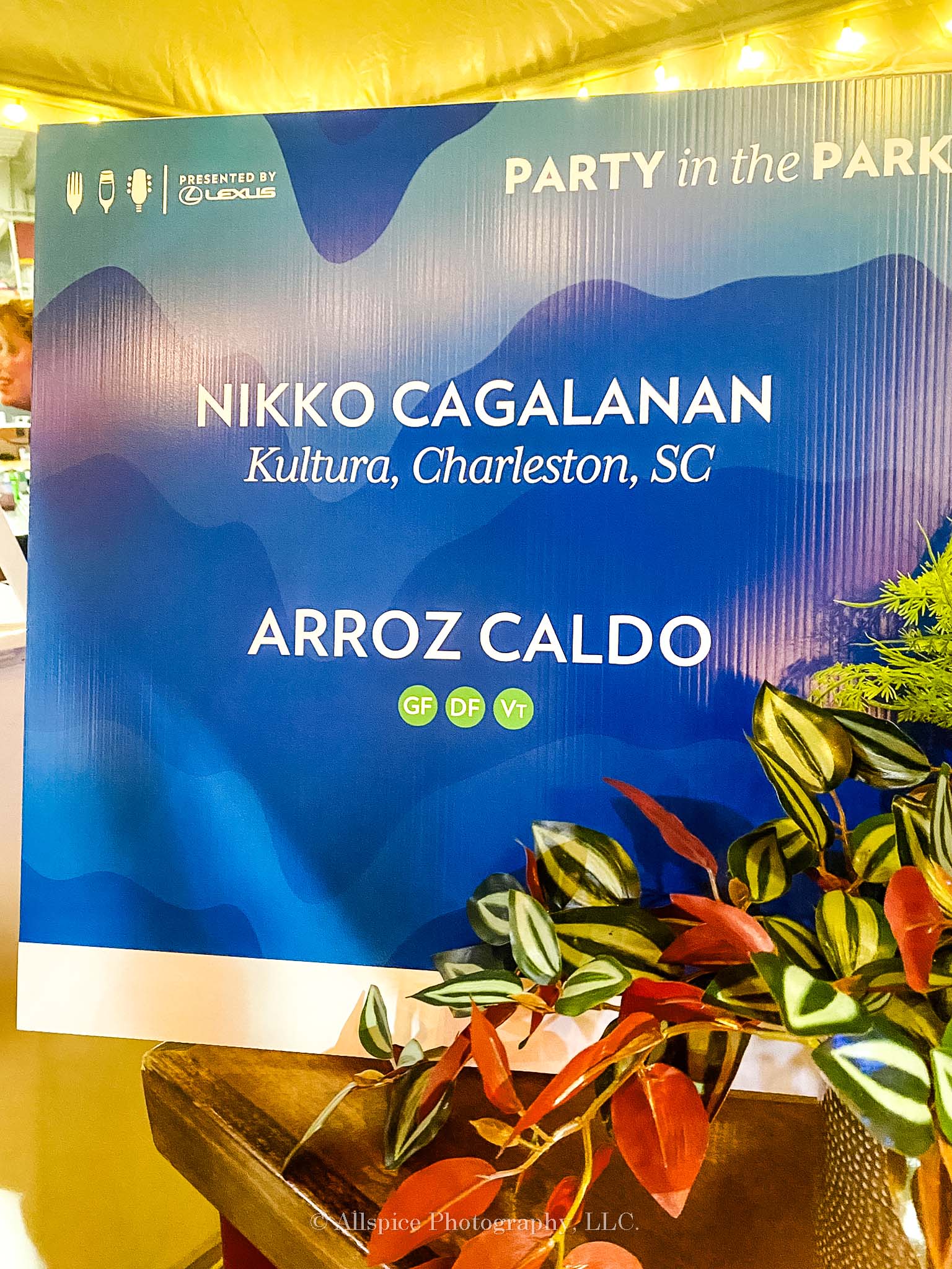 Arroz Caldo sign from chef Nikko Cagalanan at Kultura, Charleston, SC, Party in the Park, Euphoria Greenville. Photo credit: Allspice Photography, LLC.