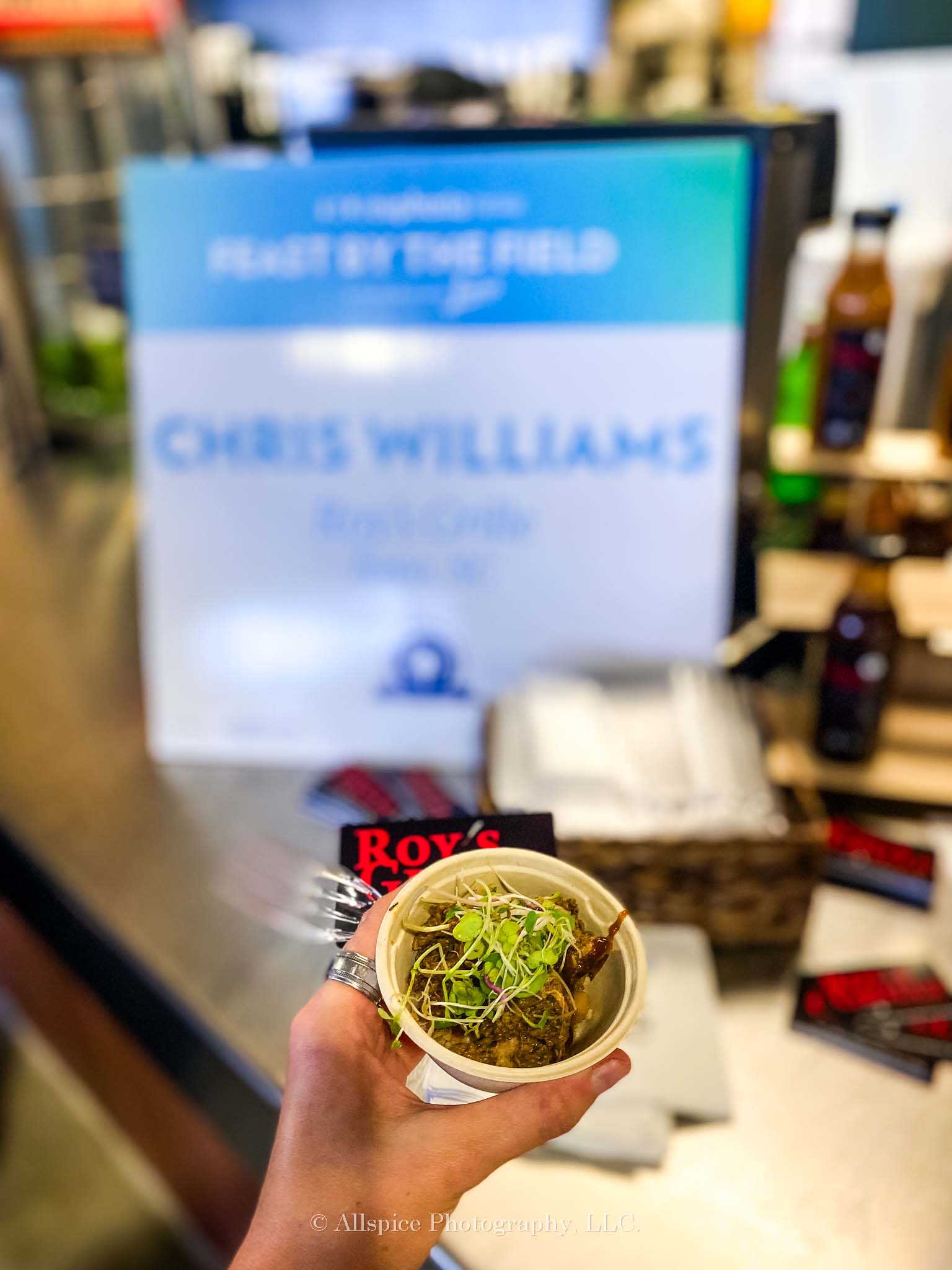 Carolina Gold Hoppin' John w/ Carolina Jerk Quail & micro-greens from Roy's Grill at Feast by the Field, taken by Allspice Photography, LLC.