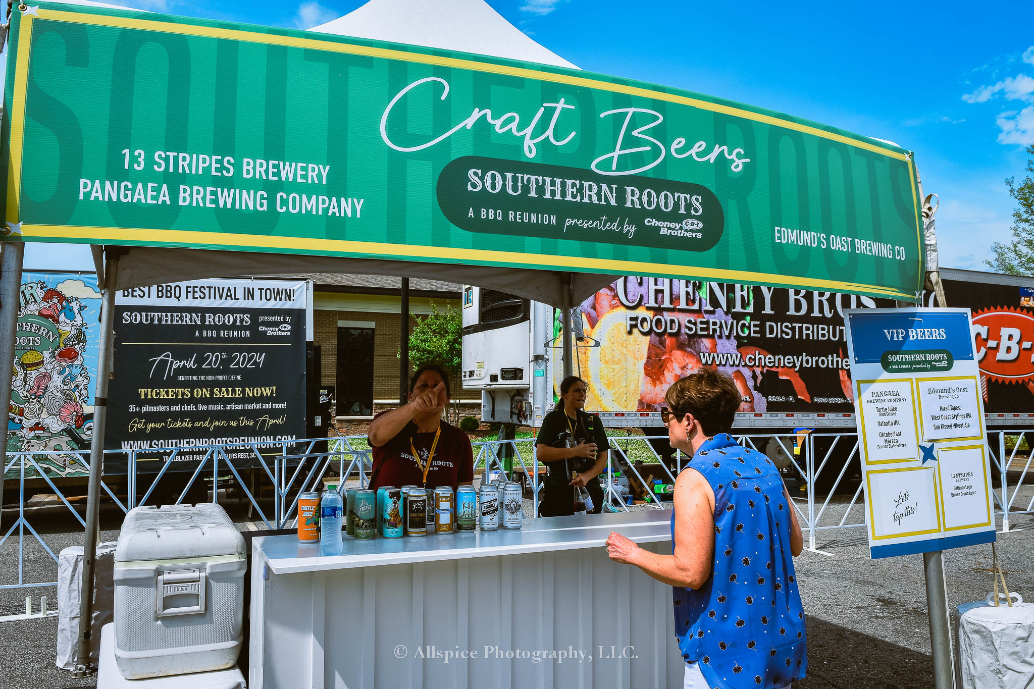 The Craft Beer Tent with 13 Stripes Brewery, Pangea Brewing Company, and Edmund's Oast Brewing Co from the VIP area at Southern Roots Reunion. Taken by Allspice Photography, LLC.