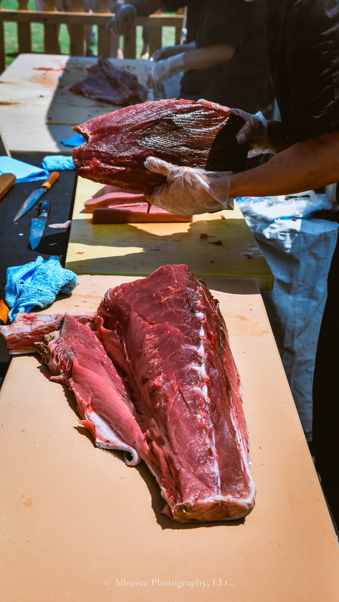 Watching the Live Tuna Cutting from Sushi Yama Travelers Rest at Souther Roots Reunion. Taken by Allspice Photography, LLC.