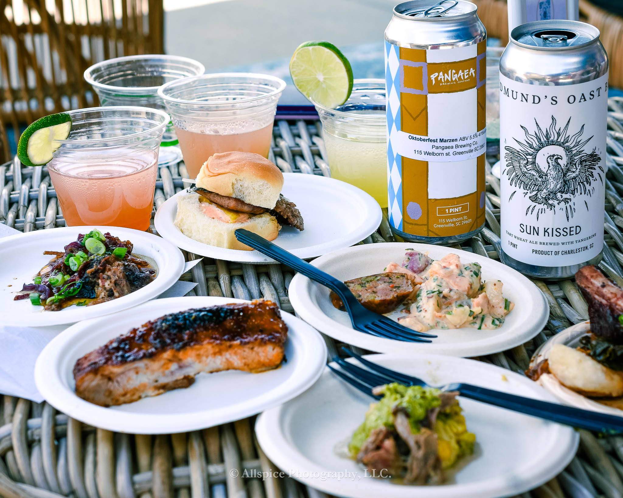 Spread of bites and brews from Southern Roots Reunion 2024 at Trailblazer Park in Travelers Rest, SC. Taken by Allspice Photography, LLC.
