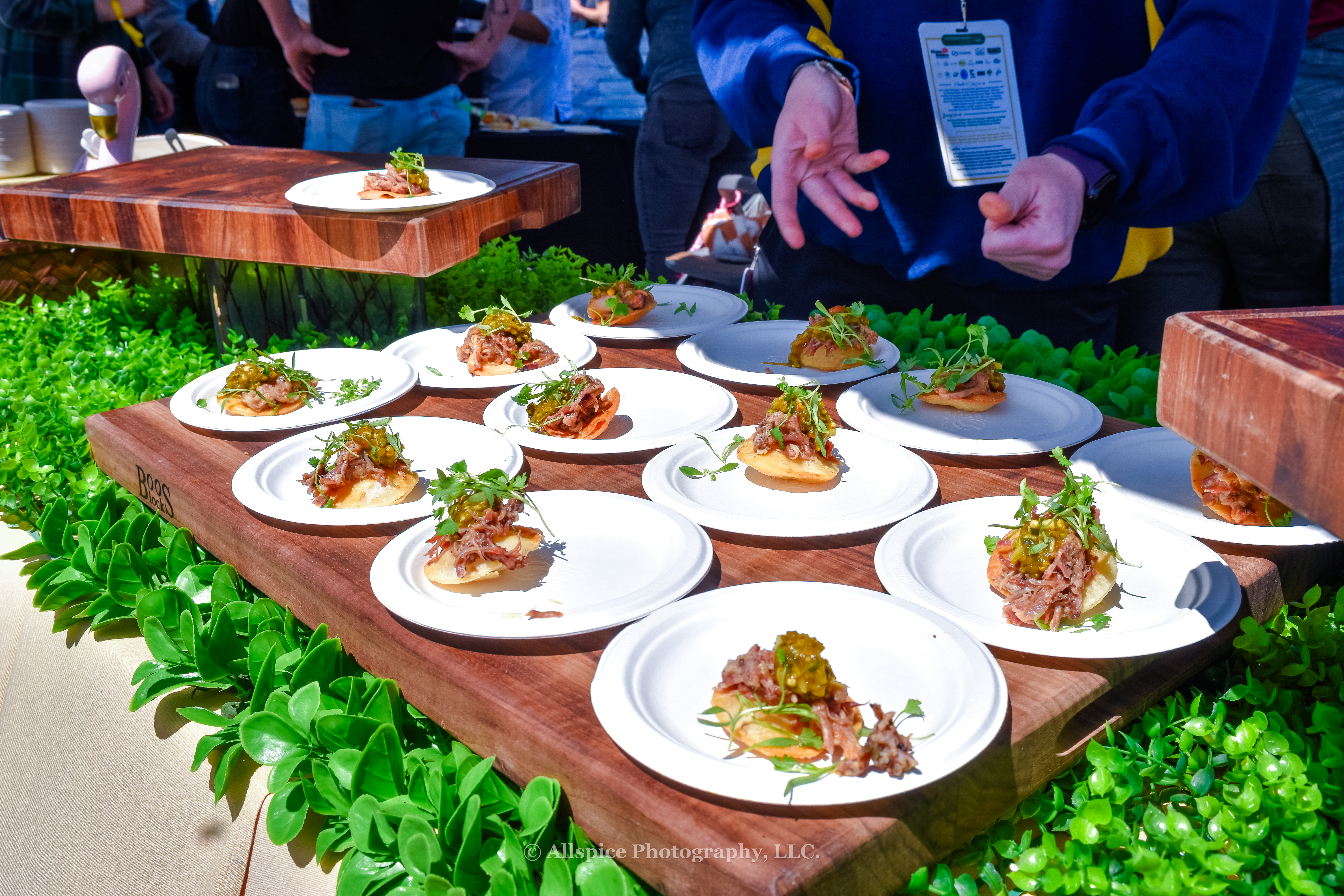 Pulled Pork Tostada with Pickled Okra and Poblano Salsa and A Mango Habanero BBQ sauce from Rad Dad's BBQ and Juniper at Southern Roots Reunion in Travelers Rest, SC. Photo by Allspice Photography, LLC.